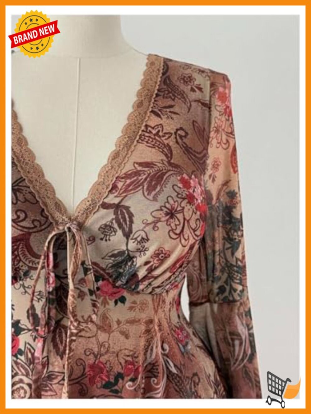 Plus Size Boho Paisley Lace Mini Dress Long Sleeve Sweetheart Neck - Picture 3 of 4